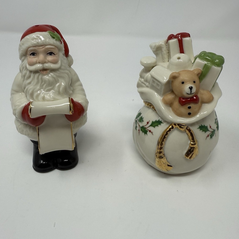 Lenox Checking it Twice Salt and Pepper Shakers Gold Accents Santa and Bag